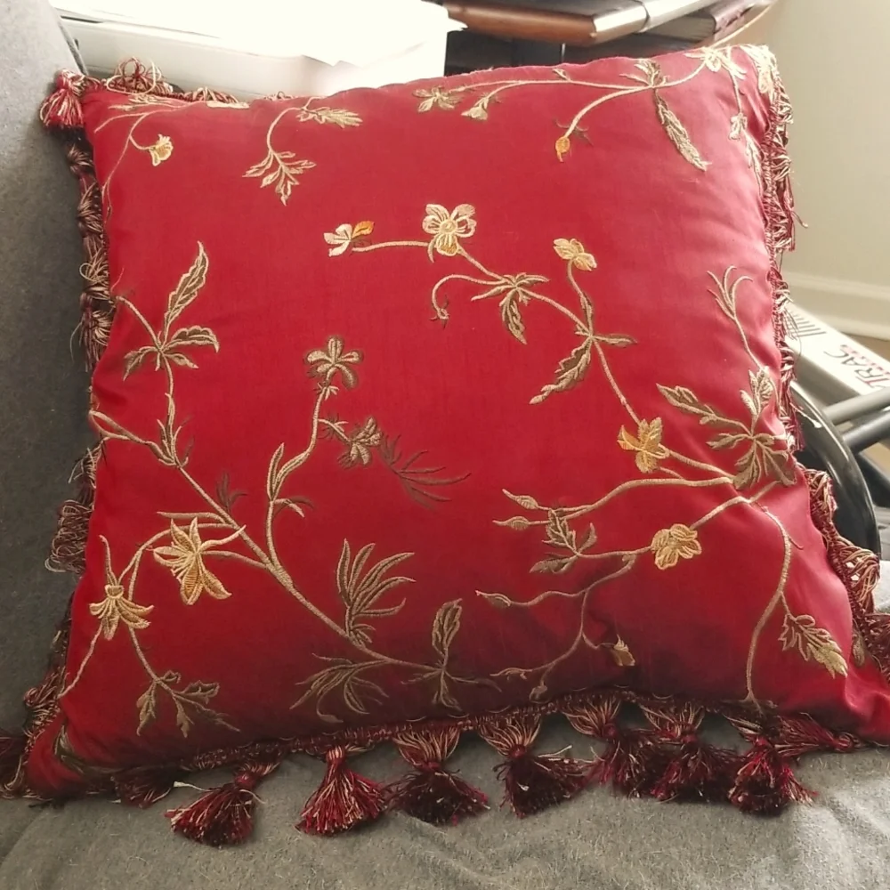 Victorian Red Tasseled Embroidered Accent Throw Pillow 18x18